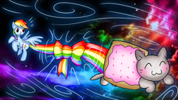 Size: 1024x576 | Tagged: safe, artist:neoncabaret, rainbow dash, cat, pegasus, pony, crossover, nyan cat, space