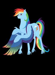 Size: 1024x1410 | Tagged: safe, artist:animalpainter, derpibooru import, rainbow dash, pegasus, pony, backwards cutie mark, black background, colored wings, colored wingtips, simple background, solo