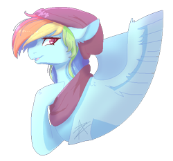 Size: 534x498 | Tagged: safe, artist:myralilth, derpibooru import, rainbow dash, pegasus, pony, clothes, floppy ears, hat, looking at you, open mouth, scarf, simple background, smiling, solo, transparent background