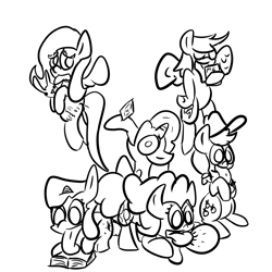 Size: 2756x2756 | Tagged: safe, artist:olympic tea bagger, derpibooru import, applejack, fluttershy, pinkie pie, rainbow dash, rarity, twilight sparkle, earth pony, pegasus, pony, unicorn, licking, mane six, monochrome