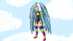 Size: 1920x1080 | Tagged: safe, artist:katsu, rainbow dash, human, armor, clothes, cloud, cloudy, humanized, rainbow socks, socks, solo, striped socks, winged humanization, wings