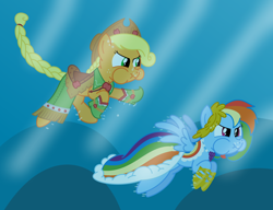 Size: 3250x2500 | Tagged: safe, artist:bladedragoon7575, derpibooru import, applejack, rainbow dash, earth pony, pegasus, pony, clothes, dress, gala dress, holding breath, puffy cheeks, simple background, swimming, underwater