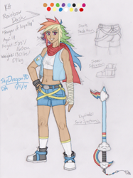 Size: 921x1233 | Tagged: safe, artist:skydragon90, derpibooru import, rainbow dash, human, belly button, clothes, converse, crossover, humanized, keyblade, kingdom hearts, looking at you, midriff, shoes, short shirt, shorts, solo, weapon