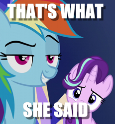 Size: 636x688 | Tagged: safe, derpibooru import, edit, edited screencap, screencap, rainbow dash, starlight glimmer, pegasus, pony, image macro, meme, reaction image, smirk, that's what she said