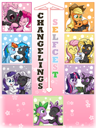 Size: 1500x2000 | Tagged: safe, artist:vavacung, derpibooru import, applejack, fluttershy, pinkie pie, rainbow dash, rarity, spike, twilight sparkle, alicorn, changeling, dragon, earth pony, pegasus, pony, unicorn, changeling counterpart series, female, male, mane six