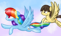 Size: 5000x3000 | Tagged: safe, artist:songbirdserenade, derpibooru import, rainbow dash, wild fire, pegasus, pony, absurd resolution, flying, grin, sky, smiling