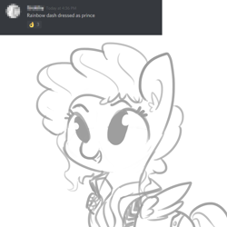 Size: 1280x1280 | Tagged: safe, artist:tjpones, derpibooru import, rainbow dash, pegasus, pony, clothes, cosplay, costume, discord (program), ear fluff, grayscale, monochrome, prince (musician), simple background, solo, white background