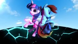 Size: 1024x576 | Tagged: safe, artist:tridashie27, derpibooru import, rainbow dash, twilight sparkle, twilight sparkle (alicorn), alicorn, pegasus, pony, 3d, female, flying, lesbian, shipping, twidash