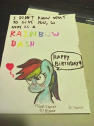 Size: 774x1032 | Tagged: safe, artist:mane-shaker, rainbow dash, pegasus, pony, birthday card, blushing, colored, happy birthday, solo, traditional art