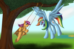 Size: 1233x814 | Tagged: safe, artist:diction, rainbow dash, scootaloo, pegasus, pony, best sisters, cute, flying, scootalove, swing