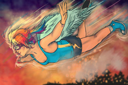 Size: 1200x800 | Tagged: safe, artist:lauren-campbell, rainbow dash, human, clothes, converse, flying, goggles, humanized, shoes, shorts, solo, tanktop, winged humanization