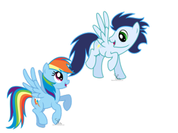 Size: 1032x774 | Tagged: safe, artist:taurelia, rainbow dash, soarin', pegasus, pony, backwards cutie mark, female, flying, looking back, male, old cutie mark, shipping, smiling, soarindash, straight