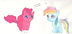 Size: 3065x1448 | Tagged: safe, derpibooru import, pinkie pie, rainbow dash, earth pony, pegasus, pony, blue coat, duo, duo female, female, mare, multicolored mane, pink coat, pink mane, traditional art, wings