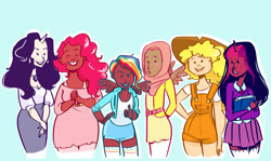 Size: 800x478 | Tagged: safe, artist:hyacinth-zofia, derpibooru import, applejack, fluttershy, pinkie pie, rainbow dash, rarity, twilight sparkle, human, book, clothes, dark skin, earring, hijab, horned humanization, humanized, islam, islamashy, light skin, mane six, moderate dark skin, necklace, overalls, pleated skirt, skirt, tube skirt, winged humanization