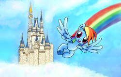 Size: 4400x2800 | Tagged: safe, artist:everesco, derpibooru import, rainbow dash, pegasus, pony, absurd resolution, castle, cloud, cloudy, disney, rainbow, rainbow dash day, sky, solo