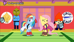 Size: 1136x640 | Tagged: safe, artist:mysteryben, derpibooru import, fluttershy, rainbow dash, pegasus, pony, black belt, clothes, fingerless gloves, gi, gloves, karate, martial arts, parappa the rapper, rhythm game, rhythm heaven, rhythm is magic, robe, street fighter, trousers, video at source