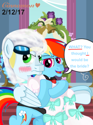 Size: 2048x2732 | Tagged: safe, artist:cinnamon-swirls, derpibooru import, rainbow dash, soarin', pegasus, pony, blushing, clothes, crossdressing, dialogue, dress, female, male, shipping, soarindash, story included, straight, wedding dress