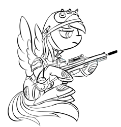 Size: 646x678 | Tagged: safe, artist:rubrony, rainbow dash, pegasus, pony, clothes, gun, helmet, monochrome, solo, weapon