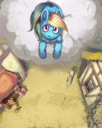 Size: 1000x1250 | Tagged: safe, artist:lexx2dot0, derpibooru import, rainbow dash, oc, pegasus, pony, building, cloud, looking at something, looking up, open mouth, perspective, prone, rain, scenery, top down