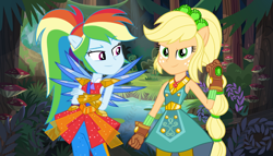 Size: 800x457 | Tagged: safe, artist:imperfectxiii, artist:sugar-loop, artist:themexicanpunisher, derpibooru import, applejack, rainbow dash, equestria girls, legend of everfree, appledash, clothes, crystal wings, cute, female, forest, gloves, lesbian, pants, ponied up, shipping, super ponied up