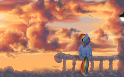 Size: 2698x1681 | Tagged: safe, artist:katputze, rainbow dash, pegasus, pony, cloud, cloudy, railing, sitting, solo, sunset