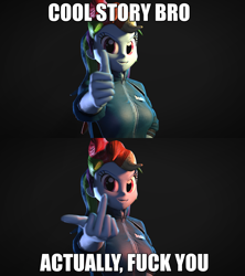 Size: 1920x2160 | Tagged: safe, artist:facelesssoles, derpibooru import, edit, rainbow dash, equestria girls, 3d, clothes, cool story bro, haha no, image macro, meme, middle finger, reaction image, solo, thumbs up, vulgar