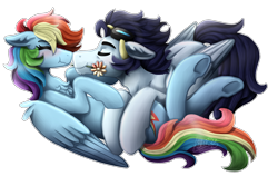 Size: 2200x1390 | Tagged: safe, artist:kikirdcz, derpibooru import, rainbow dash, soarin', pegasus, pony, chest fluff, eyes closed, female, flower, flower in mouth, goggles, hoers, male, mouth hold, scrunchy face, shipping, simple background, soarindash, straight, transparent background
