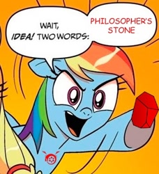 Size: 334x366 | Tagged: safe, derpibooru import, idw, applejack, rainbow dash, earth pony, pegasus, pony, blonde mane, blue coat, blue wings, comic, dialogue, exploitable meme, female, fullmetal alchemist, mare, meme, multicolored hair, open mouth, orange background, ouroboros, philosopher's stone, raised hoof, raised leg, simple background, smiling, speech bubble, two words meme, underhoof, wings