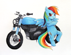 Size: 1024x801 | Tagged: safe, artist:somedaysakuhin, rainbow dash, pegasus, pony, motorcycle, solo, traditional art