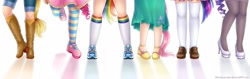 Size: 3608x1145 | Tagged: safe, artist:aikascupcake, derpibooru import, applejack, fluttershy, pinkie pie, rainbow dash, rarity, twilight sparkle, human, boots, clothes, high heels, humanized, legs, light skin, line-up, long skirt, mane six, sandals, shoes, skirt, socks, tailed humanization