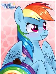 Size: 1812x2400 | Tagged: safe, artist:xwhitedreamsx, derpibooru import, rainbow dash, pegasus, pony, blushing, chocolate heart, cute, dashabetes, food, solo, tsunderainbow, tsundere, valentine's day, wavy mouth