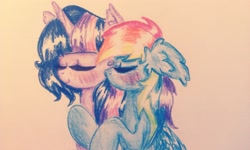 Size: 2592x1552 | Tagged: safe, artist:xxsharpixx, rainbow dash, twilight sparkle, pegasus, pony, female, kiss on the cheek, kissing, lesbian, shipping, traditional art, twidash