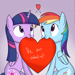 Size: 1600x1600 | Tagged: safe, artist:joey, derpibooru import, rainbow dash, twilight sparkle, twilight sparkle (alicorn), alicorn, pegasus, pony, female, heart, lesbian, shipping, twidash, valentine's day