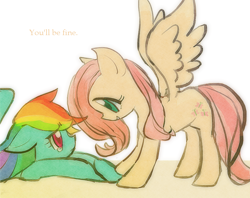 Size: 854x677 | Tagged: safe, artist:3cca, fluttershy, rainbow dash, pegasus, pony, comforting, crying, cute, dashabetes, duo, pixiv, profile, shyabetes