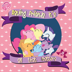 Size: 700x700 | Tagged: safe, artist:pinkiepiethelittle, derpibooru import, applejack, fluttershy, pinkie pie, rainbow dash, rarity, twilight sparkle, earth pony, pegasus, pony, unicorn, card, group hug, hug, mane six, smiling