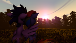 Size: 1024x576 | Tagged: safe, artist:johnnyhorse, derpibooru import, rainbow dash, soarin', pegasus, pony, 3d, female, male, shipping, soarindash, straight, sunset