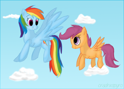 Size: 1072x773 | Tagged: safe, artist:xwreathofroses, rainbow dash, scootaloo, pegasus, pony, blue coat, female, mare, multicolored mane