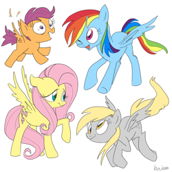 Size: 1000x1000 | Tagged: safe, artist:hajuya, derpy hooves, fluttershy, rainbow dash, scootaloo, pegasus, pony, female, mare, simple background