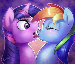 Size: 900x772 | Tagged: safe, artist:ponythroat, rainbow dash, twilight sparkle, pegasus, pony, eyes closed, female, kissing, lesbian, mare, open mouth, shipping, tongue out, twidash