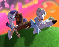 Size: 2500x2000 | Tagged: safe, artist:legally-psychotic, derpibooru import, rainbow dash, rarity, oc, oc:stained glass, oc:varnish, pegasus, pony, unicorn, canon x oc, female, high res, lesbian, mare, nuzzling, prone, shipping, sunset