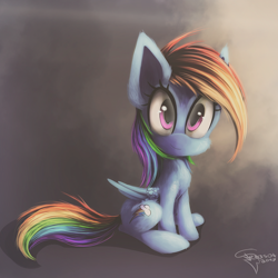 Size: 1200x1200 | Tagged: safe, artist:ferasor, derpibooru import, rainbow dash, pegasus, pony, cute, dashabetes, fluffy, looking at you, signature, sitting, smiling, solo