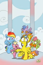 Size: 1055x1600 | Tagged: safe, artist:jay fosgitt, idw, rainbow dash, spitfire, pegasus, pony, friends forever, spoiler:comic, spoiler:comicff11, biting, floppy ears, flying, foal, frown, gritted teeth, hair pulling, horses doing horse things, messy mane, mouth hold, nom, open mouth, raised hoof, smiling, spread wings, tail bite, tail pull, this will end in tears, unnamed pony, wide eyes