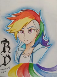 Size: 965x1296 | Tagged: safe, artist:emichaca, derpibooru import, rainbow dash, equestria girls, blackletter, clothes, hoodie, human coloration, solo, traditional art