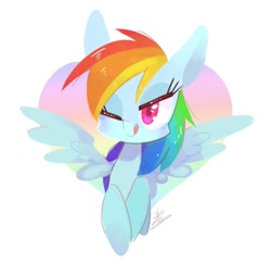 Size: 891x860 | Tagged: safe, artist:sibashen, derpibooru import, rainbow dash, pegasus, pony, cute, eyelashes, one eye closed, signature, solo, spread wings, tongue out, wink