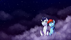 Size: 1280x720 | Tagged: safe, artist:rubywave32, derpibooru import, rainbow dash, soarin', pegasus, pony, cloud, commission, cute, female, lidded eyes, looking up, male, night, raised hoof, shipping, sitting, smiling, soarindash, starry night, stars, straight