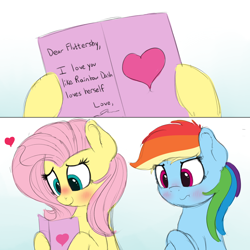 Size: 2000x2000 | Tagged: safe, artist:vanillaghosties, derpibooru import, fluttershy, rainbow dash, pegasus, pony, annoyed, blushing, card, cute, dashabetes, embarrassed, female, heart, lesbian, looking down, mare, shipping, shyabetes, simple background, smiling, valentine's day