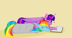 Size: 1024x545 | Tagged: safe, artist:umbreon24, rainbow dash, twilight sparkle, twilight sparkle (alicorn), alicorn, pegasus, pony, female, lesbian, mare, shipping, sleeping, twidash