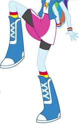 Size: 4696x7336 | Tagged: safe, artist:sugar-loop, artist:teentitansfan201, derpibooru import, edit, rainbow dash, equestria girls, absurd resolution, boots, clothes, compression shorts, cropped, raised leg, simple background, skirt, skirt lift, socks, solo, vector, vector edit, white background, wristband