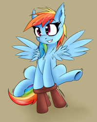 Size: 2247x2829 | Tagged: dead source, safe, artist:fuzon-s, artist:hitelf, rainbow dash, pegasus, pony, testing testing 1-2-3, colored, female, grin, happy, mare, rocking, smiling, solo, stool, stooldash, underhoof