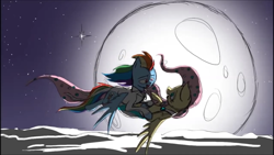 Size: 1920x1080 | Tagged: safe, artist:ink potts, fluttershy, rainbow dash, pegasus, pony, backlighting, clothes, dress, edmond dantes, female, flower in hair, fluttercedes, flutterdash, flying, full moon, i will be there, lesbian, mercedes, moon, night, pmv, rainbow dantes, shipping, stars, suit, the count of monte cristo, youtube link